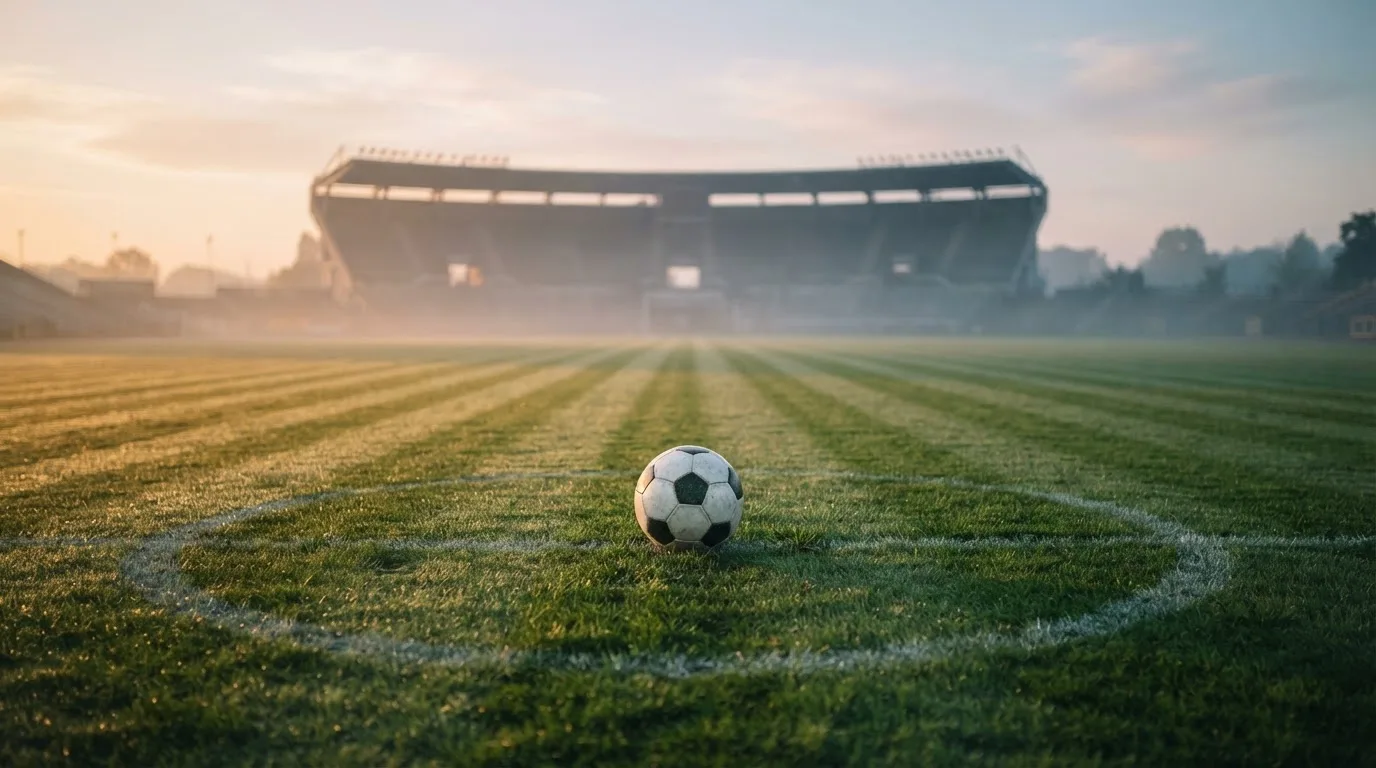 Ein Fußball liegt auf dem Mittelkreis eines leeren Rasenplatzes am frühen Morgen, im Hintergrund eine ferne Tribüne im Dunst.