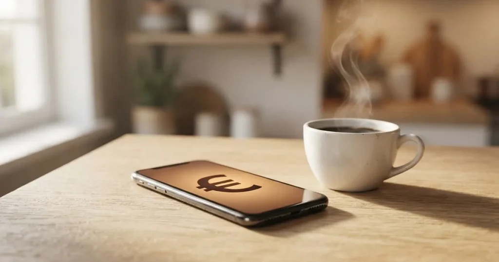Ein Smartphone mit dunklem Display liegt neben einer Kaffeetasse und einigen Münzen auf einem hellen Holztisch, weiches Tageslicht fällt von links.