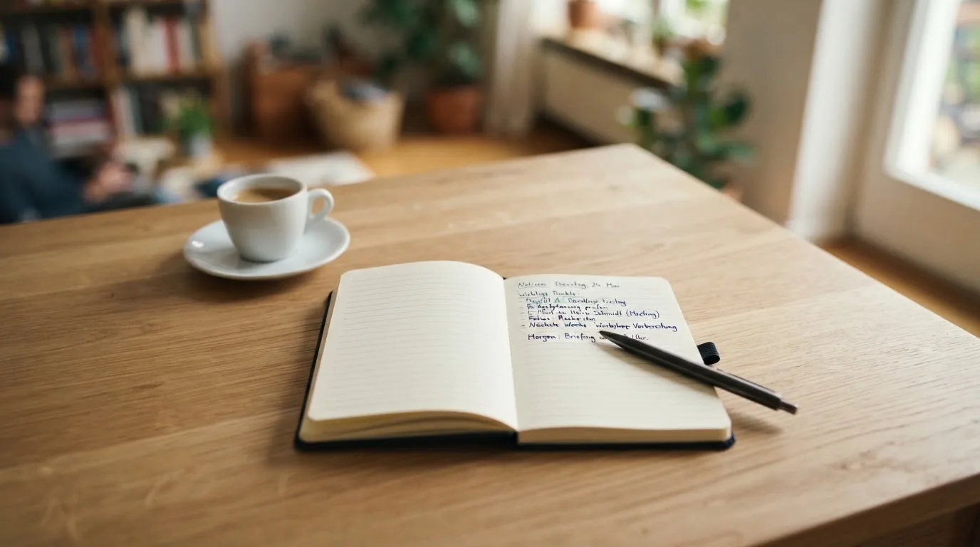 Ein Notizbuch mit handschriftlichen Notizen und ein Kugelschreiber liegen auf einem Schreibtisch neben einer Tasse, Blick schräg von oben.