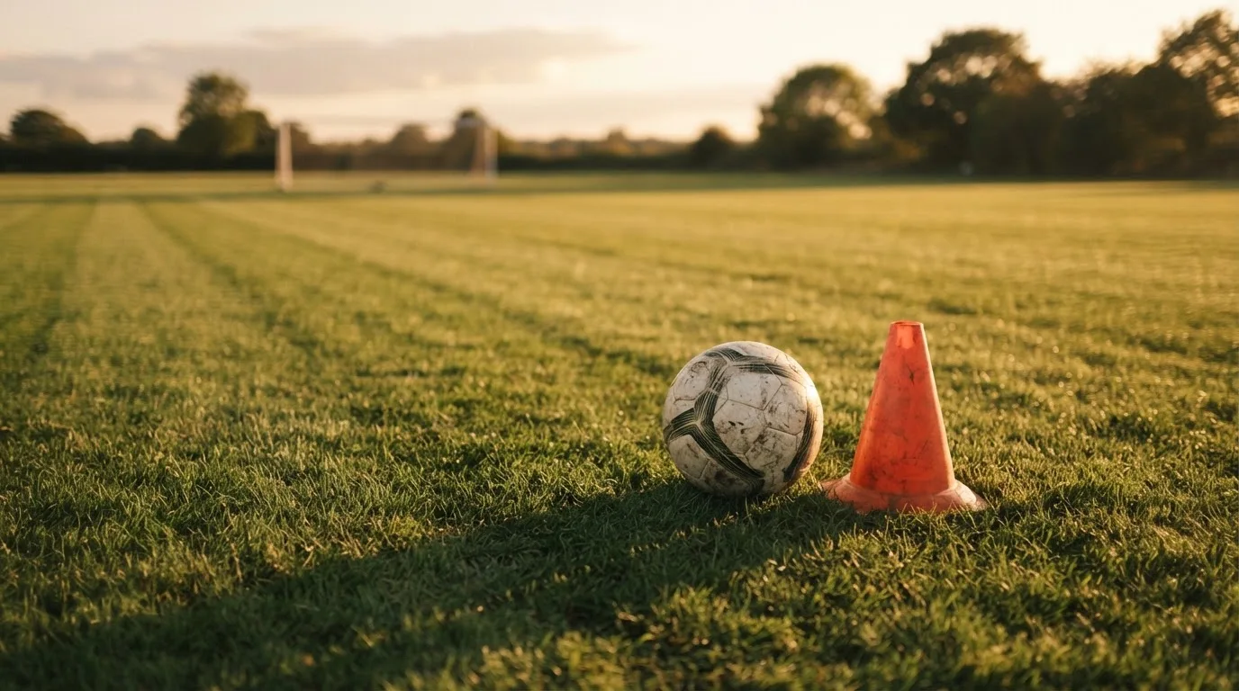 Ein Fußball liegt auf einem Trainingsplatz neben einem orangen Hütchen, Abendlicht fällt flach über den Rasen.
