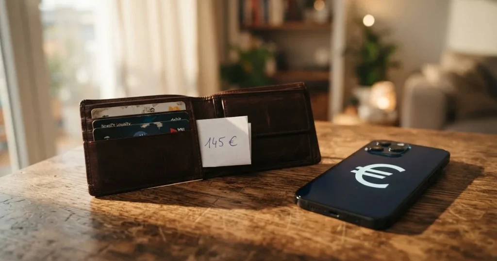 Ein Portemonnaie aus Leder liegt geöffnet auf einem Holztisch neben einem Smartphone mit dunklem Display, Fensterlicht fällt von der Seite.