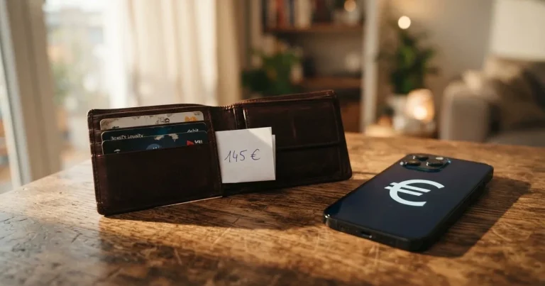 Ein Portemonnaie aus Leder liegt geöffnet auf einem Holztisch neben einem Smartphone mit dunklem Display, Fensterlicht fällt von der Seite.