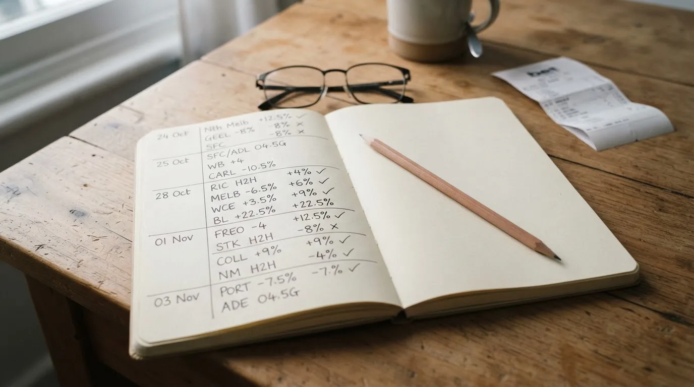Ein aufgeschlagenes Notizbuch mit handschriftlichen Notizen liegt neben einem Bleistift auf einem Schreibtisch, daneben eine Brille.