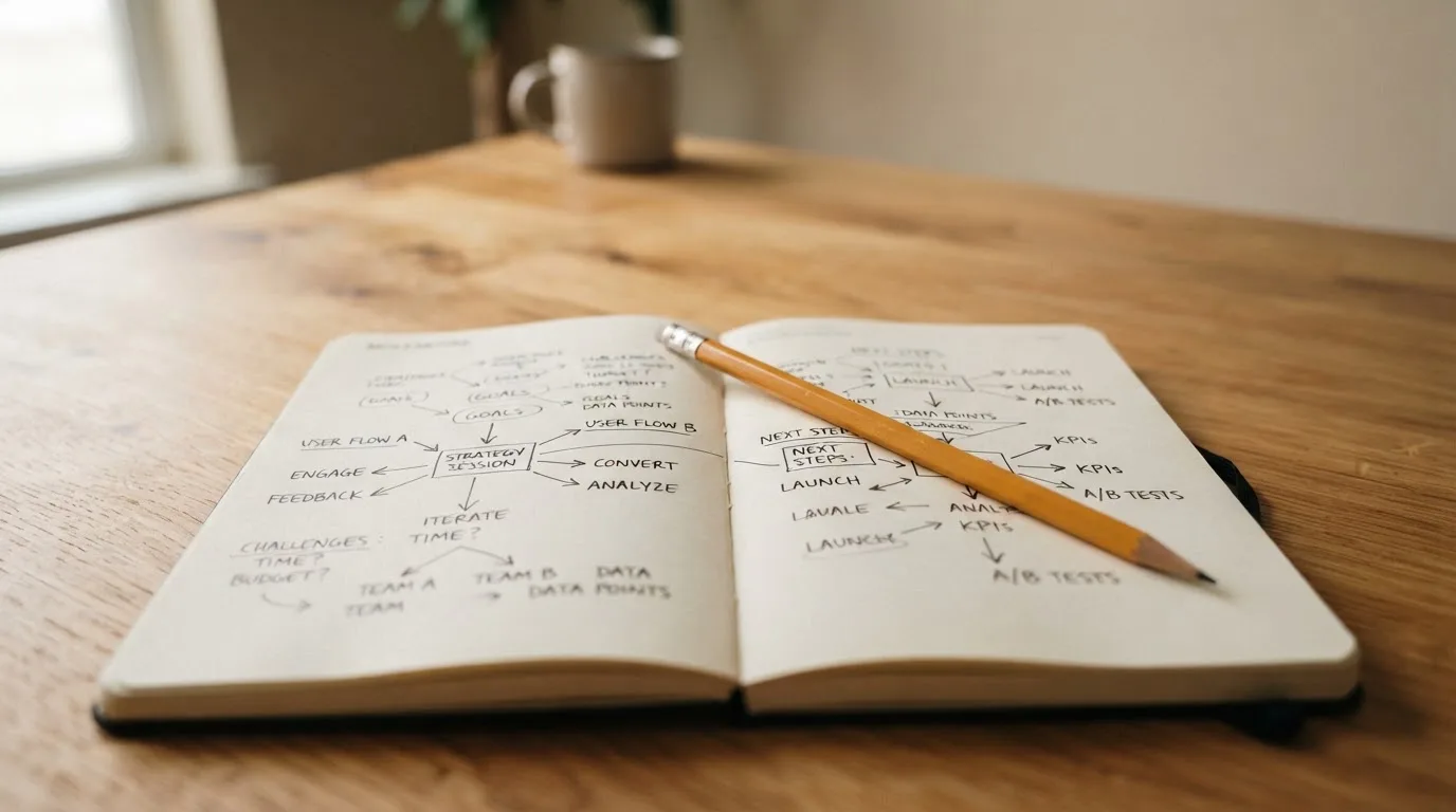 Ein aufgeschlagenes Notizbuch mit handschriftlichen Skizzen und Pfeilen liegt neben einem Bleistift auf einem Holztisch, Tageslicht fällt von der Seite.