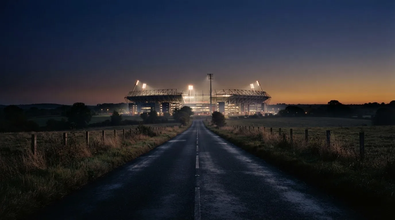 Ein Flutlichtstadion erhebt sich bei Dämmerung in der Ferne hinter einer leeren Landstraße, die Lichter sind eingeschaltet.