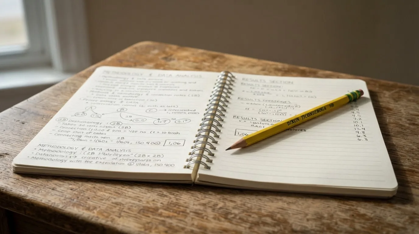 Ein aufgeschlagenes Notizbuch mit handschriftlichen Notizen und Pfeilen liegt neben einem Bleistift auf einem Holztisch, Tageslicht von links.
