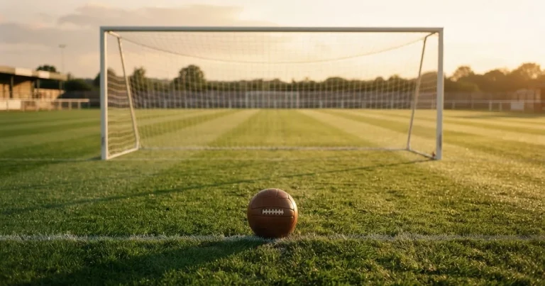 Ein Fußball liegt vor einem leeren Tor auf dem Rasen, das Netz hängt unbewegt, im Hintergrund ein verschwommener Zaun in warmem Abendlicht.