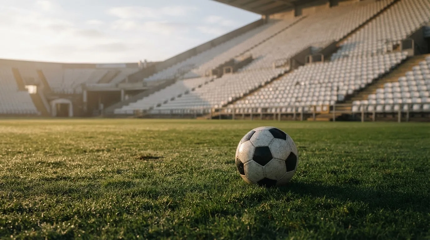 Ein Fußball liegt auf dem Rasen vor einer leeren Tribüne am frühen Morgen, Tau glänzt auf dem Gras.