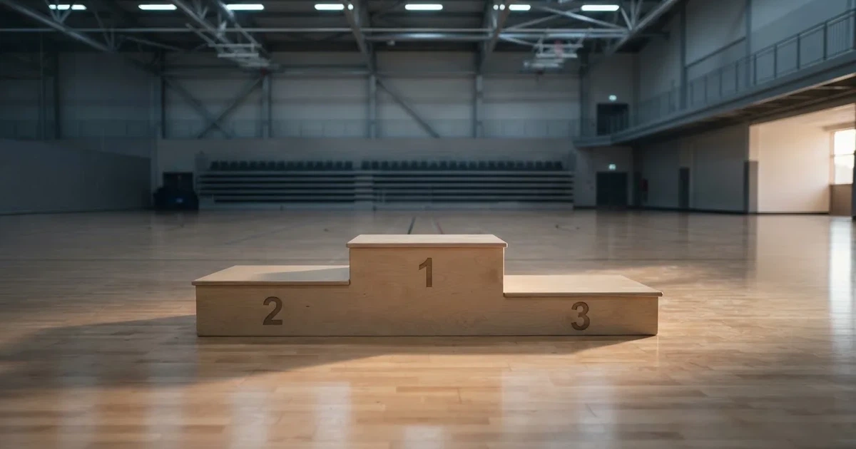 Ein Podium aus hellem Holz steht in einer leeren Sporthalle unter Hallenlicht, ohne Beschriftung oder Zahlen, niemand ist zu sehen.