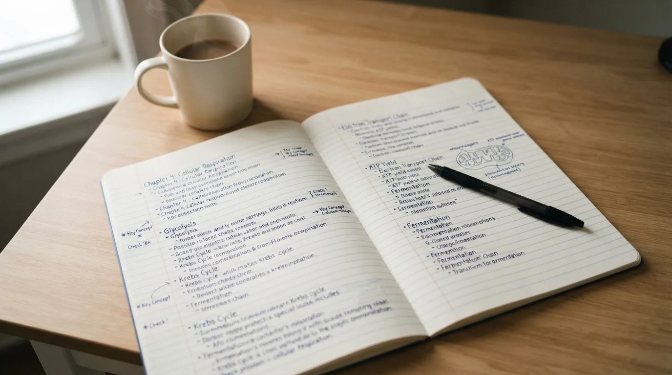 Ein Notizbuch mit handschriftlichen Notizen und ein Kugelschreiber liegen auf einem Schreibtisch neben einer Tasse, Blick schräg von oben.