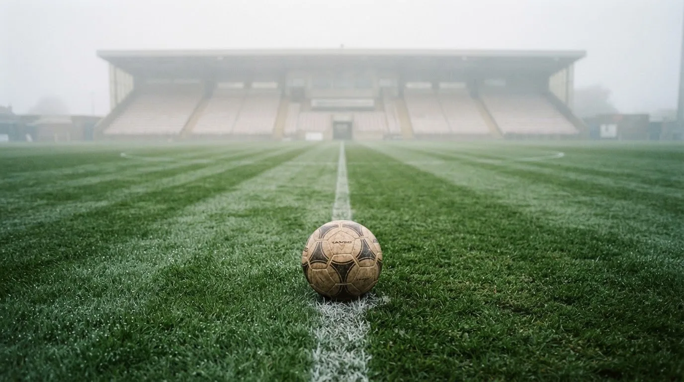Ein Fußball liegt auf dem Anstoßpunkt eines leeren Rasenplatzes im Morgendunst, im Hintergrund eine ferne Tribüne.