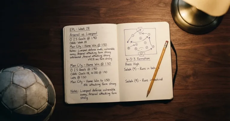 Ein Notizbuch mit handschriftlichen Notizen und kleinen Skizzen liegt aufgeschlagen neben einem Bleistift auf einem Schreibtisch, daneben ein Fußball.