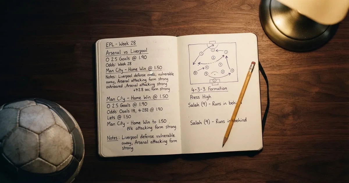 Ein Notizbuch mit handschriftlichen Notizen und kleinen Skizzen liegt aufgeschlagen neben einem Bleistift auf einem Schreibtisch, daneben ein Fußball.