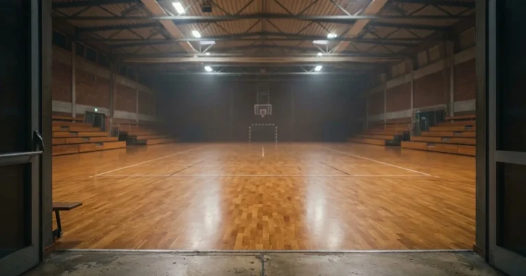 Ein Podium aus hellem Holz steht in einer leeren Sporthalle unter Hallenlicht, ohne Beschriftung oder Zahlen, niemand ist zu sehen.