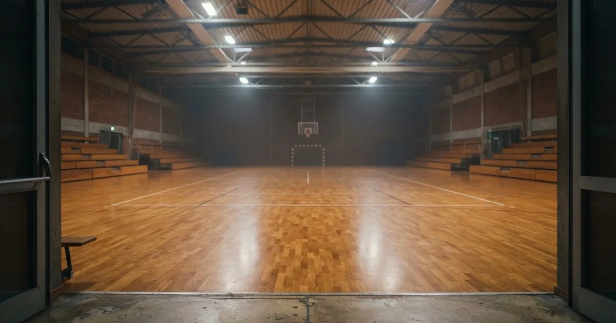 Ein Podium aus hellem Holz steht in einer leeren Sporthalle unter Hallenlicht, ohne Beschriftung oder Zahlen, niemand ist zu sehen.