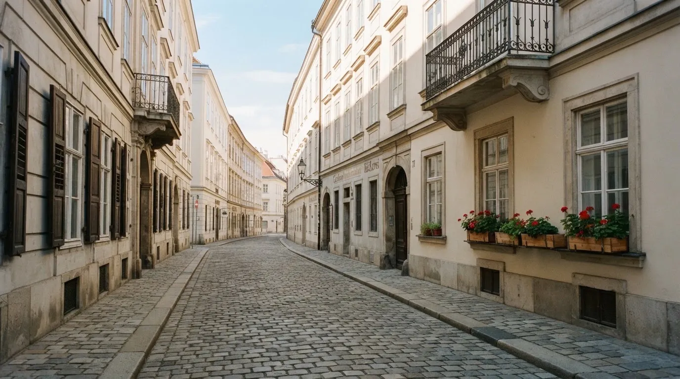 Ein ruhiger Straßenzug in einer Altstadt am Vormittag, helle Fassaden, keine Schilder, niemand ist zu sehen.