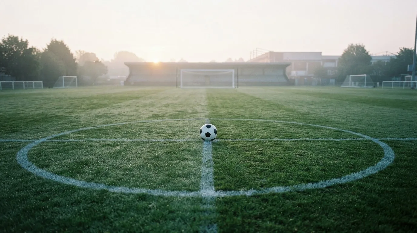 Ein Fußball liegt auf dem Mittelkreis eines leeren Rasenplatzes am frühen Morgen, im Hintergrund eine ferne Tribüne im Dunst.