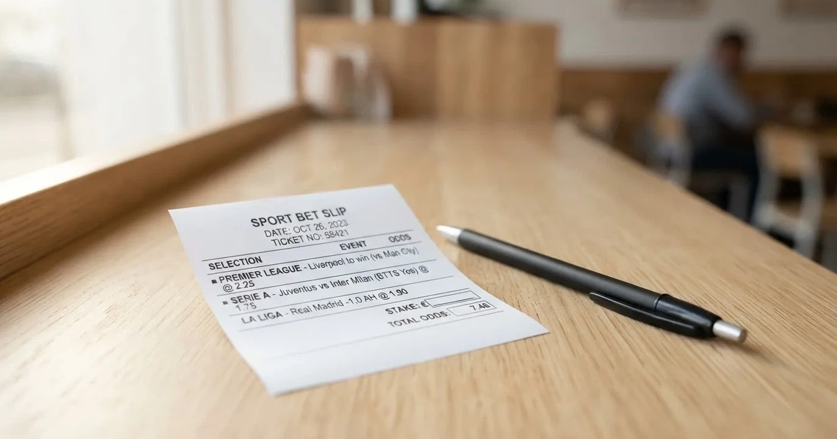 Ein leerer Papier-Wettschein ohne Aufdruck liegt neben einem Kugelschreiber auf einem hellen Tresen, weiches Seitenlicht.