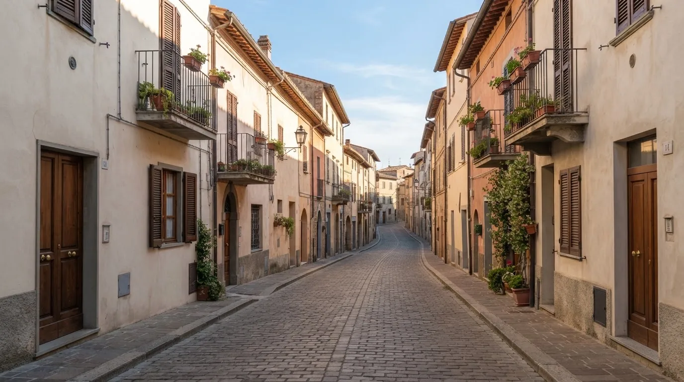 Ein ruhiger Straßenzug in einer Altstadt am Vormittag, helle Fassaden, keine Schilder, niemand ist zu sehen.