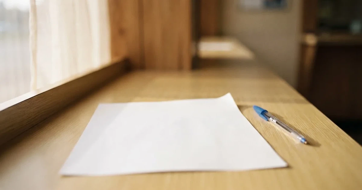 Ein leerer Papier-Wettschein ohne Aufdruck liegt neben einem Kugelschreiber auf einem hellen Tresen, weiches Seitenlicht.