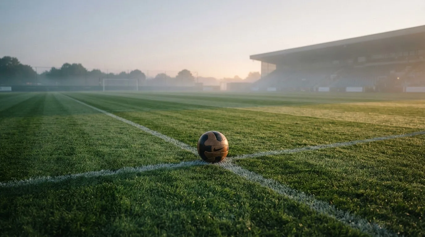 Ein Fußball liegt auf dem Mittelkreis eines leeren Rasenplatzes am frühen Morgen, im Hintergrund eine ferne Tribüne im Dunst.
