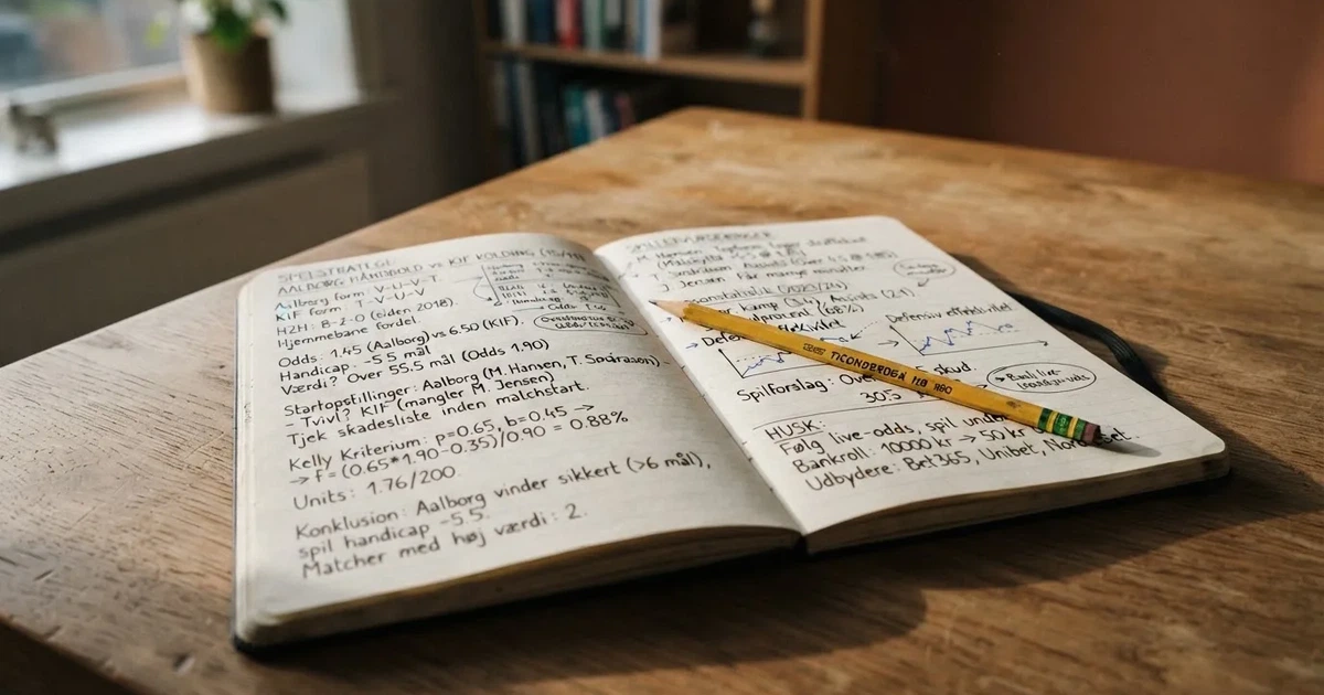 Ein Notizbuch mit handschriftlichen Notizen und kleinen Skizzen liegt aufgeschlagen neben einem Bleistift auf einem Schreibtisch, Fensterlicht von links.