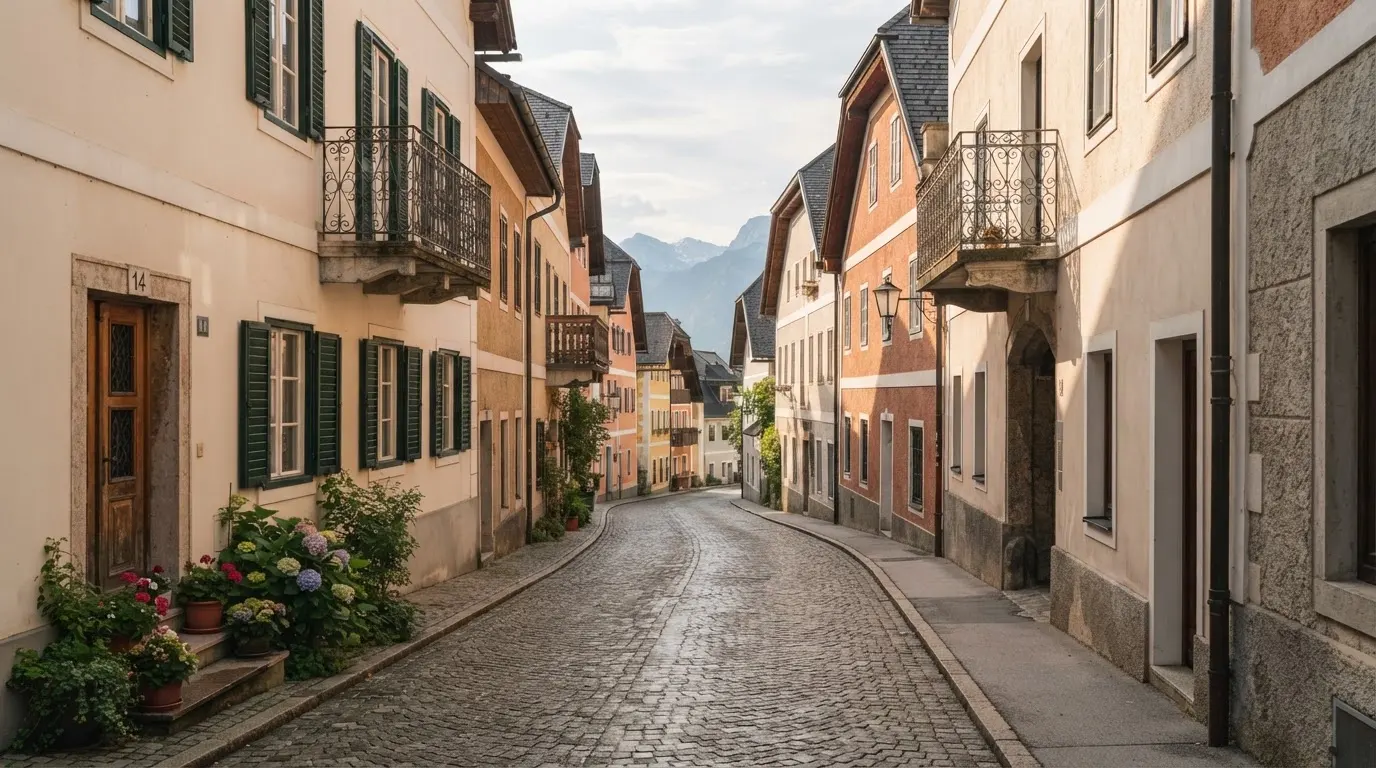 Ein ruhiger Straßenzug in einer Altstadt am Vormittag, helle Fassaden, keine Schilder, niemand ist zu sehen.