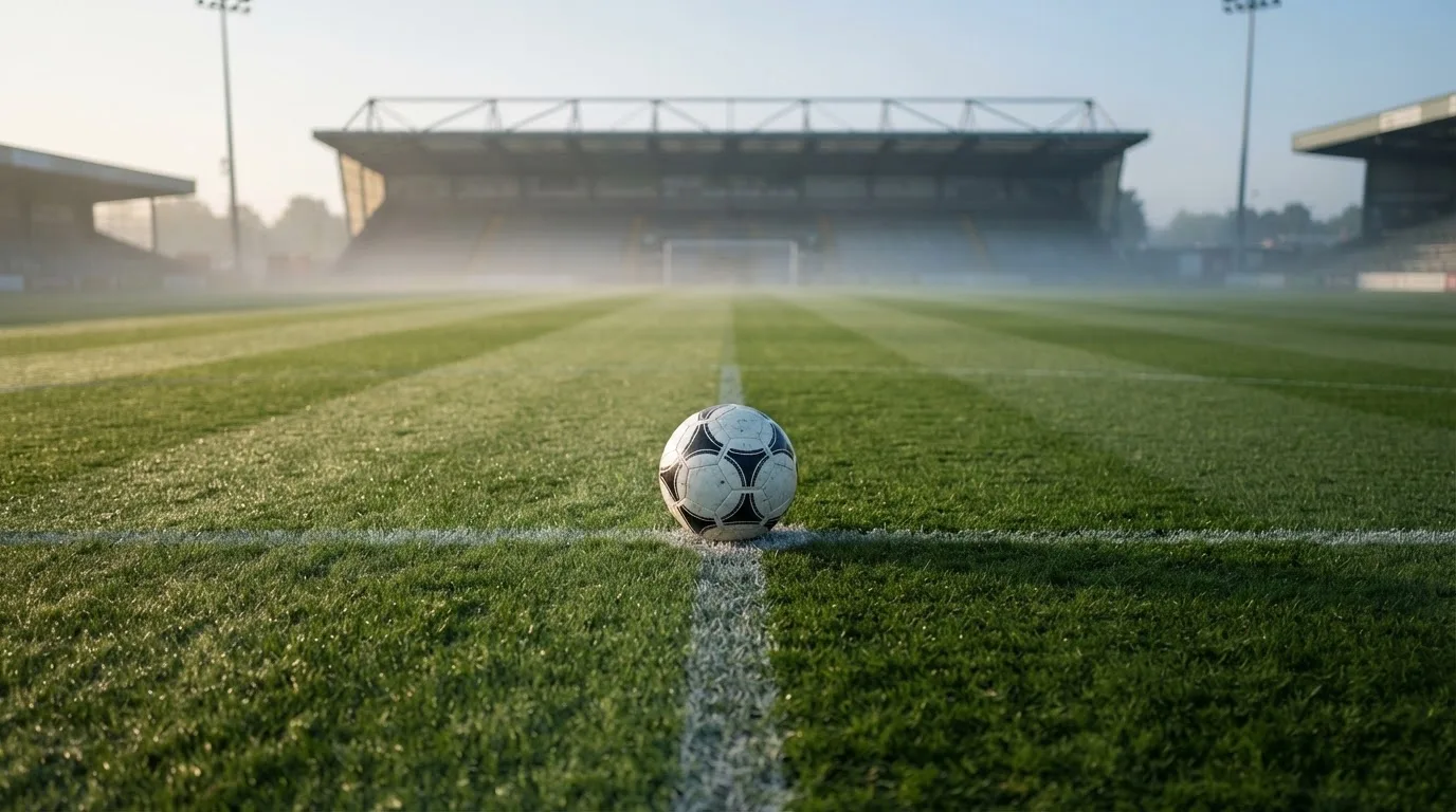 Ein Fußball liegt auf dem Anstoßpunkt eines leeren Rasenplatzes im Morgendunst, im Hintergrund eine ferne Tribüne.