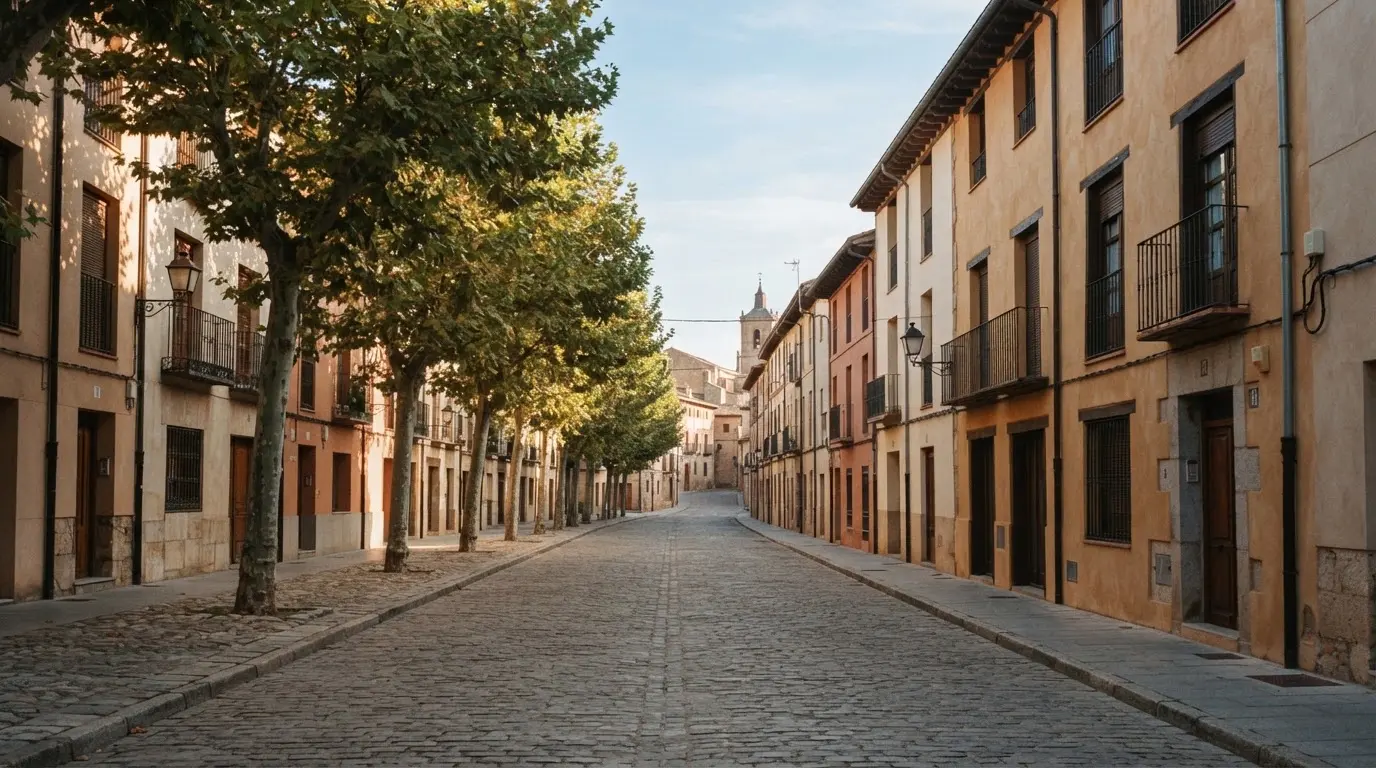 Ein ruhiger Straßenzug in einer Altstadt am Vormittag, helle Fassaden, keine Schilder, niemand ist zu sehen.