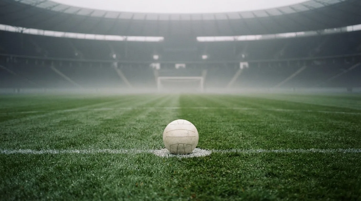 Ein Fußball liegt auf dem Anstoßpunkt eines leeren Rasenplatzes im Morgennebel, im Hintergrund verschwimmen die Tribünen.