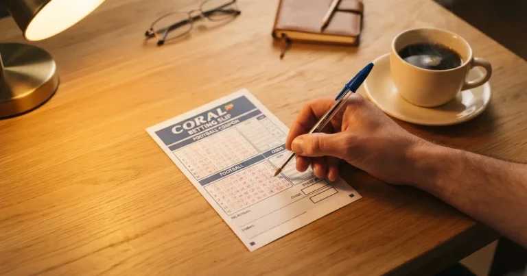Ein leerer Wettschein aus Papier und ein Kugelschreiber liegen auf einem hellen Holztisch neben einer Kaffeetasse im warmen Seitenlicht.