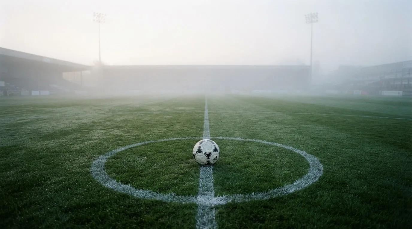 Ein Fußball liegt auf dem Anstoßpunkt eines leeren Rasenplatzes im Morgennebel.