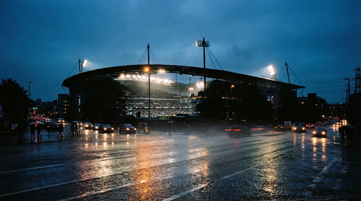Ein Stadion unter Flutlicht aus großer Entfernung gesehen, davor eine regennasse Straße in der Dämmerung.