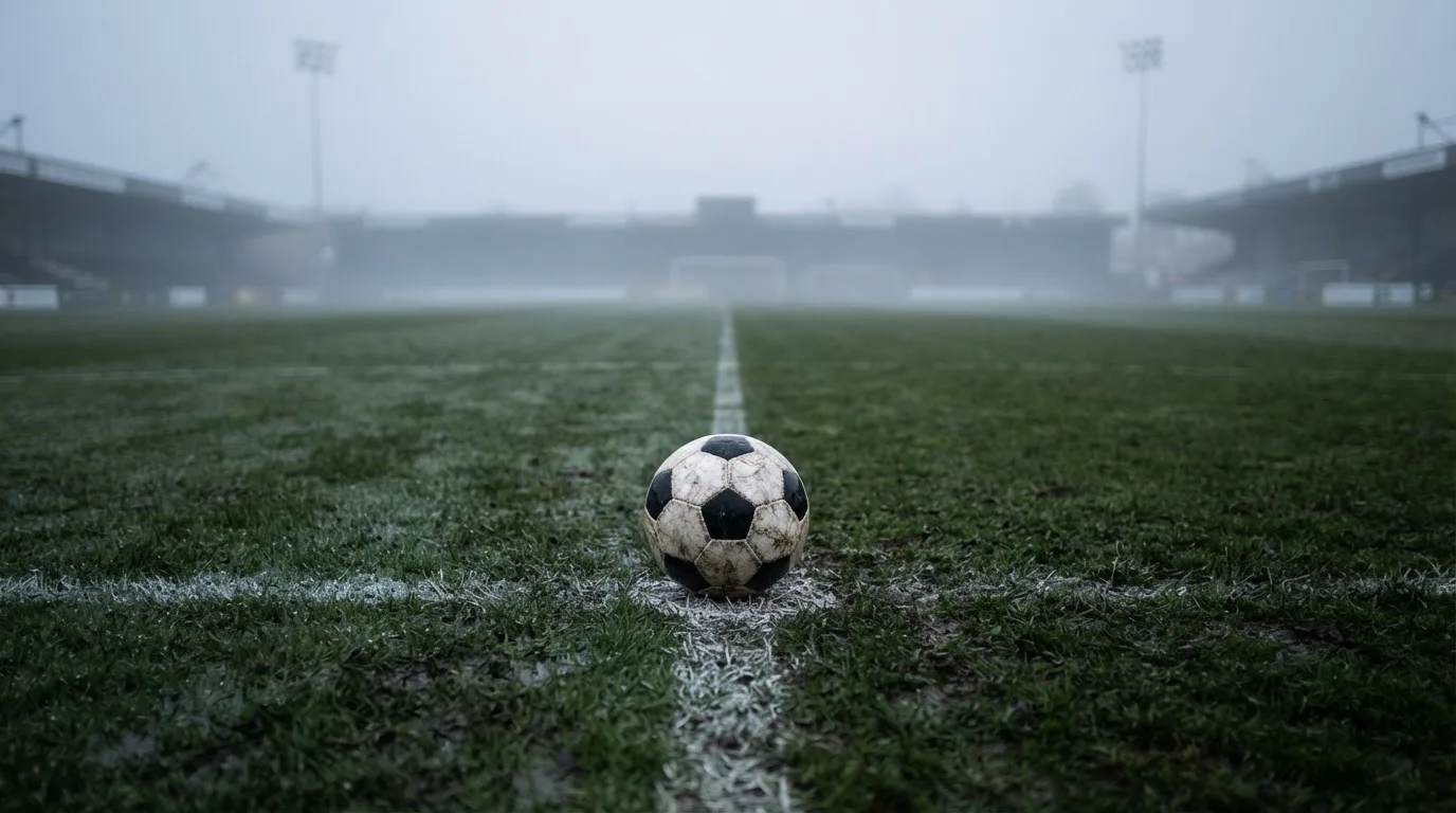 Ein Fußball liegt auf dem Anstoßpunkt eines leeren Rasenplatzes im Morgennebel.
