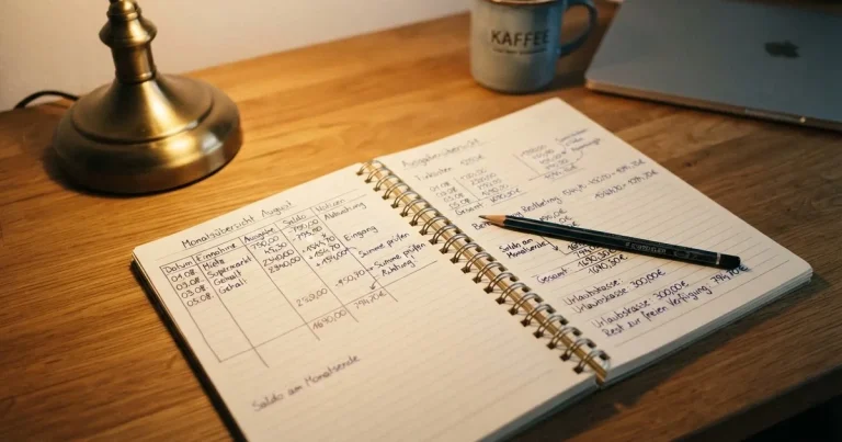 Ein aufgeschlagenes Notizbuch mit handschriftlichen Notizen und ein Bleistift liegen auf einem Schreibtisch im Licht einer Lampe.
