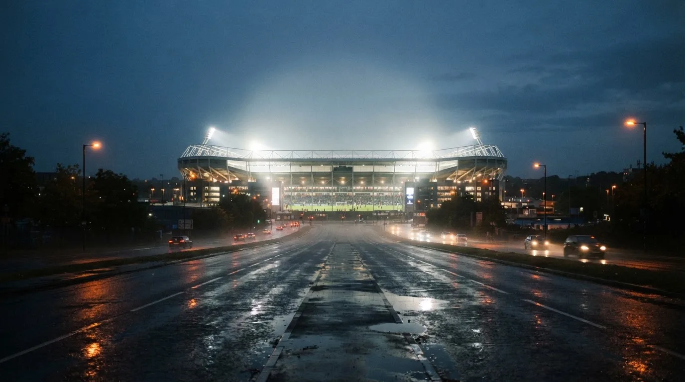 Ein Stadion unter Flutlicht aus großer Entfernung gesehen, davor eine regennasse Straße in der Dämmerung.