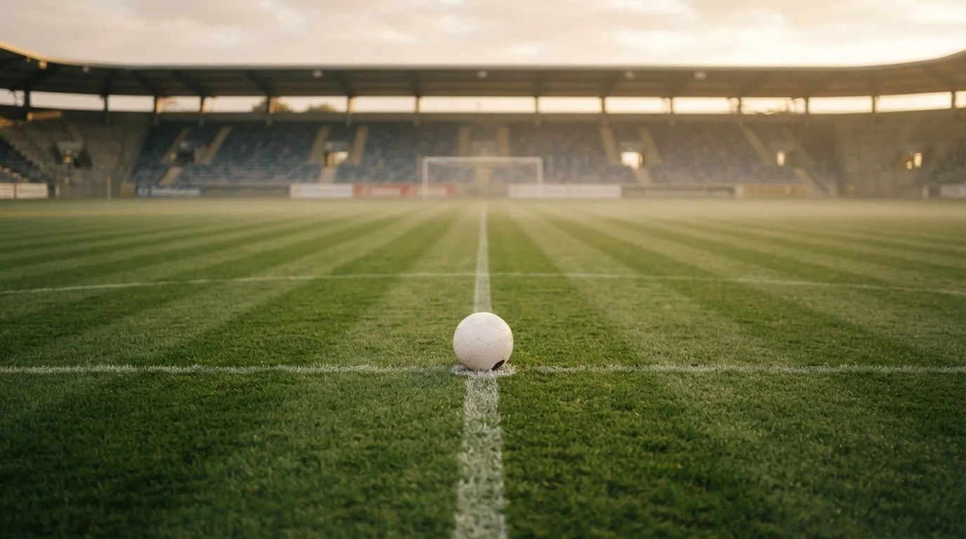 Ein Fußball liegt auf dem Anstoßpunkt eines leeren Rasenplatzes, dahinter eine menschenleere Tribüne im weichen Abendlicht.