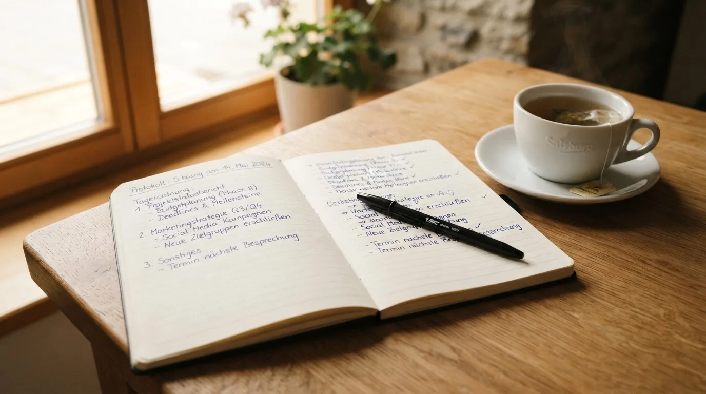 Ein aufgeschlagenes Notizbuch mit handgeschriebenen Notizen und ein Kugelschreiber liegen auf einem Schreibtisch neben einer Tasse Tee.