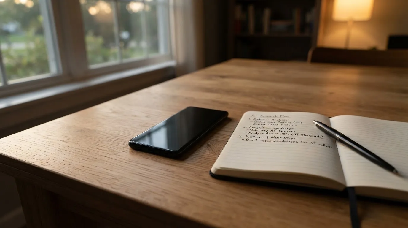 Ein Smartphone mit dunklem Display liegt auf einem Holztisch neben einem Notizbuch, durch das Fenster fällt Abendlicht.