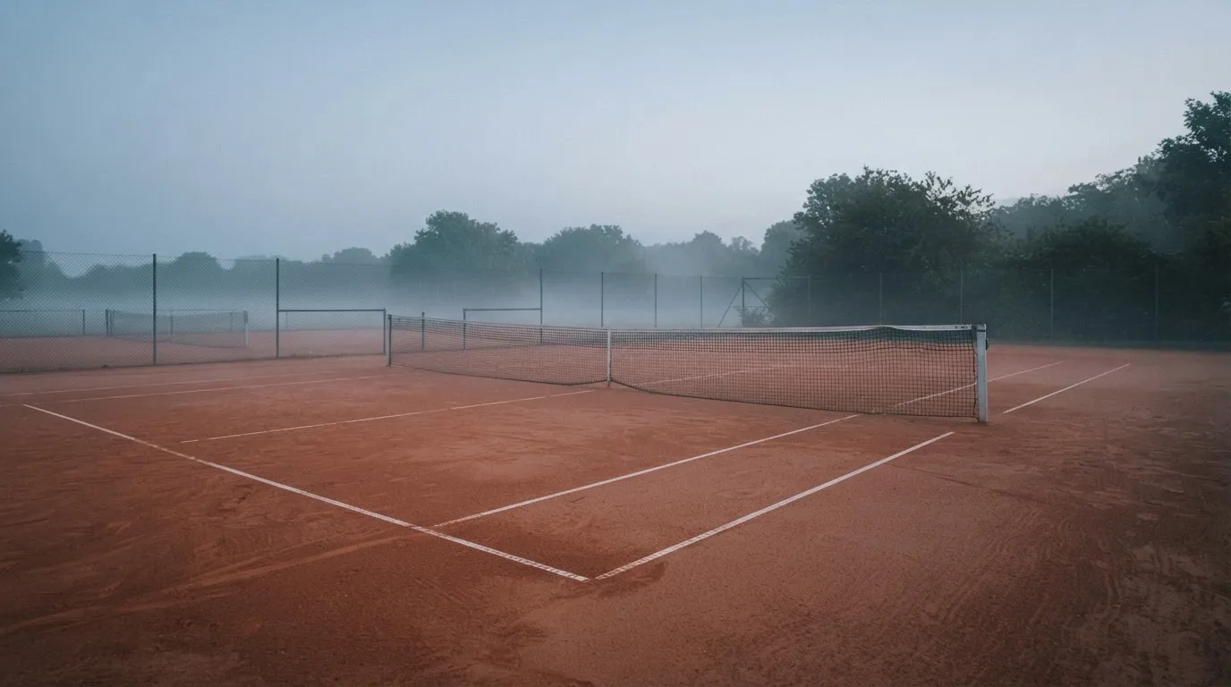 Ein Tennisplatz im Morgengrauen mit Netz und Linien, über dem Sandboden liegt leichter Nebel und niemand ist zu sehen.