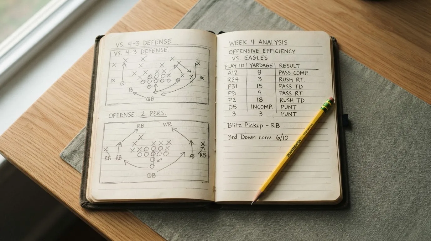 Ein Notizbuch mit handschriftlichen Skizzen und Zahlenreihen liegt aufgeschlagen auf einem Schreibtisch, daneben ein Bleistift.