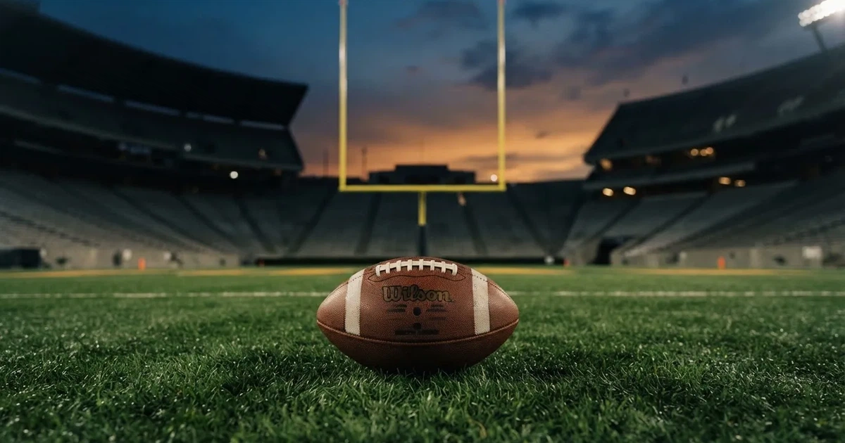 Ein ovaler Football liegt auf dem Rasen vor den gelben Torstangen eines leeren Stadions in der Abenddämmerung.