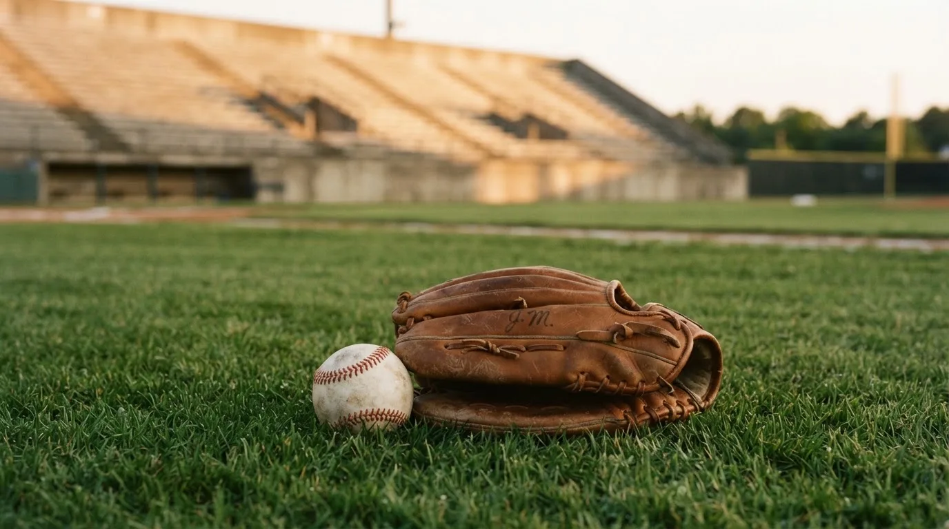 Ein Baseball liegt auf dem Rasen neben einem Lederhandschuh ohne Aufschrift, im Hintergrund eine leere Tribüne im Abendlicht.