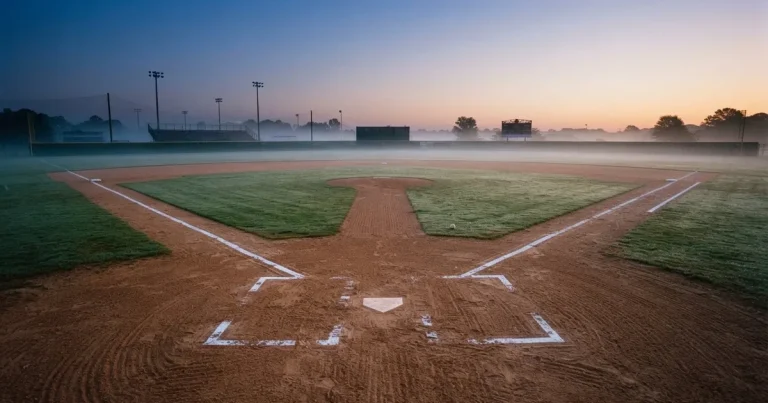Ein leeres Baseballfeld mit Sandfläche, Basen und weißen Linien in der Morgendämmerung, über dem Rasen liegt leichter Nebel.