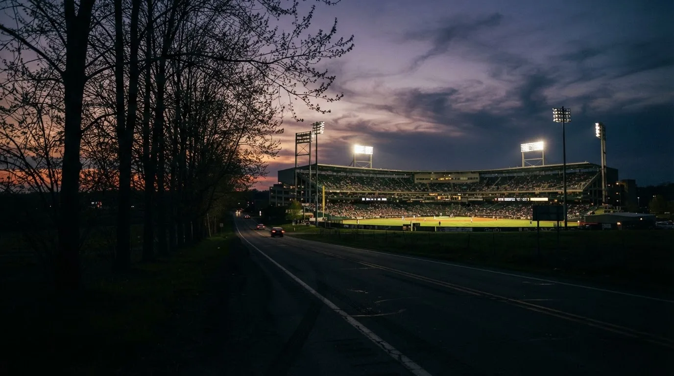 Ein Stadion unter Flutlicht aus großer Entfernung gesehen, davor eine dunkle Landstraße und einzelne Bäume in der Dämmerung.