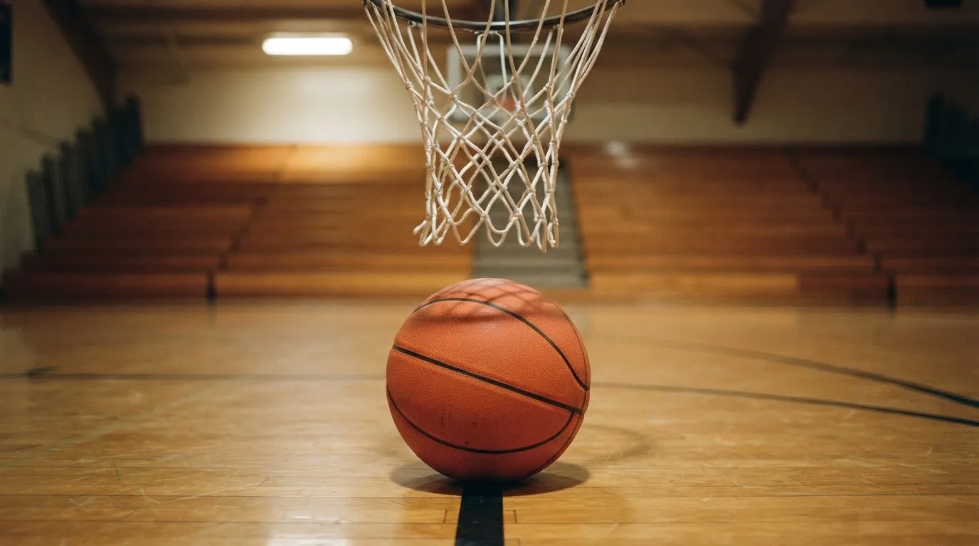 Ein orangefarbener Basketball liegt auf einem Hallenboden unter dem Netz eines Korbs, im Hintergrund unscharf leere Sitzreihen.
