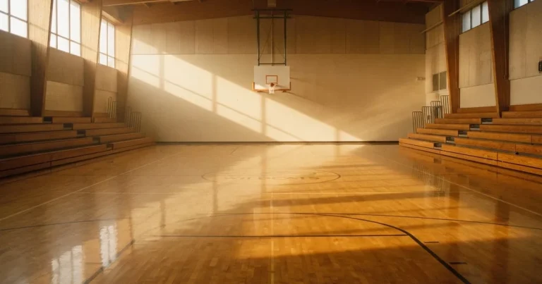 Ein leeres Basketballfeld in einer Halle mit glänzendem Parkett und einem Korb, durch hohe Fenster fällt Tageslicht.