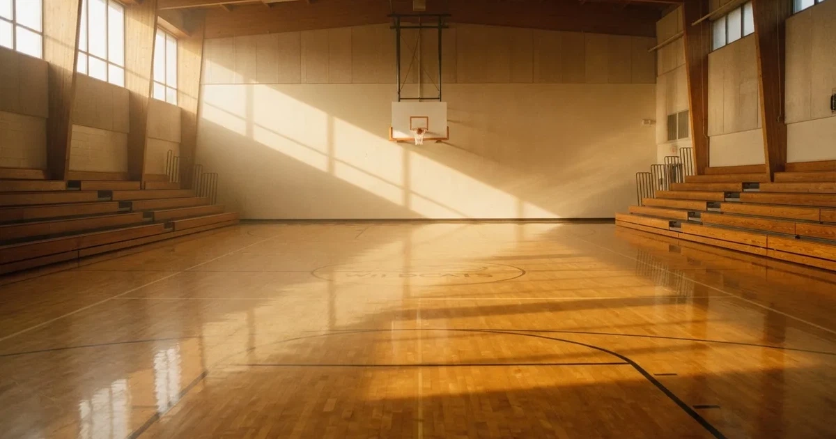 Ein leeres Basketballfeld in einer Halle mit glänzendem Parkett und einem Korb, durch hohe Fenster fällt Tageslicht.