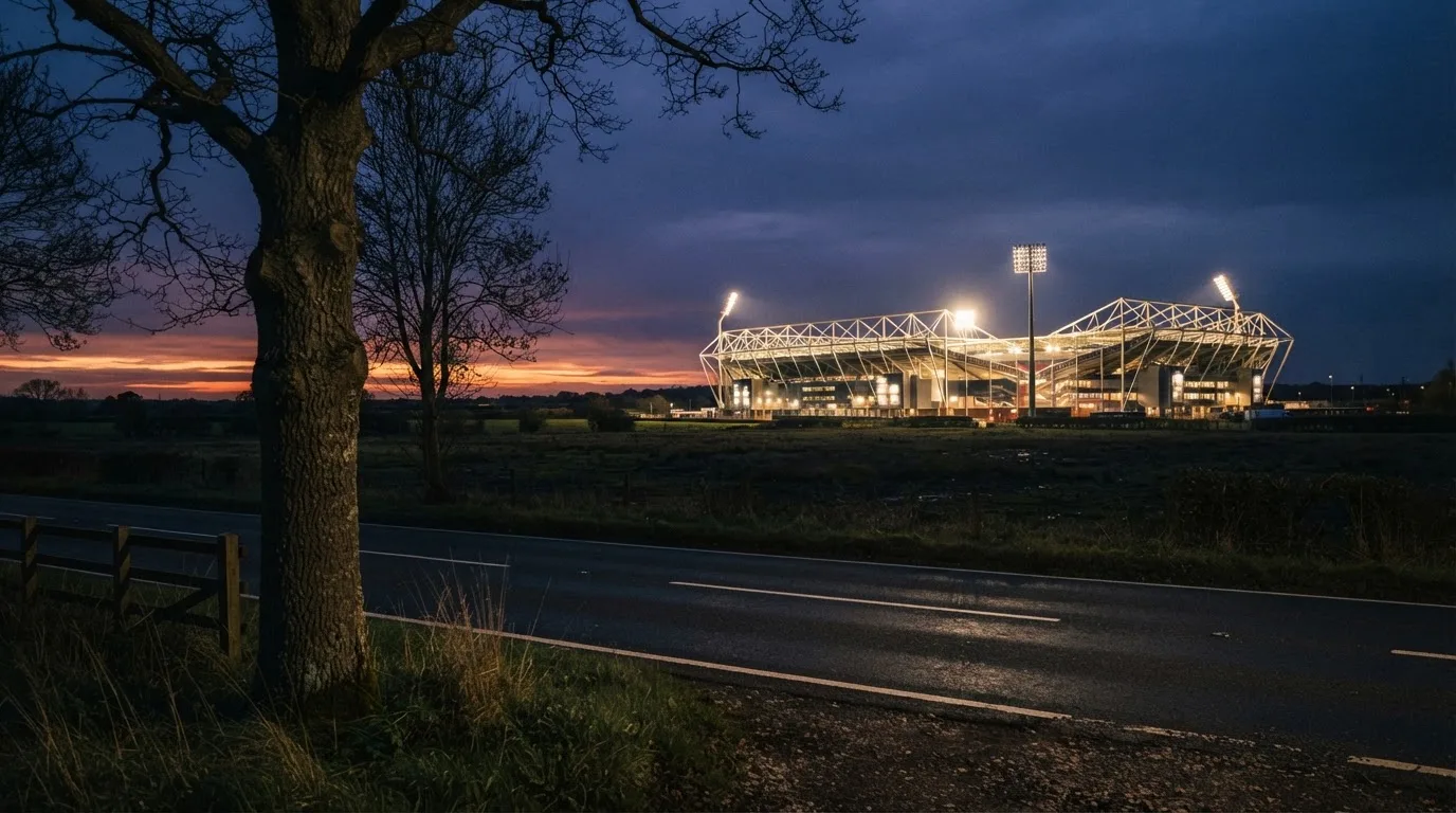 Ein Stadion unter Flutlicht aus großer Entfernung gesehen, davor eine dunkle Landstraße und einzelne Bäume in der Dämmerung.