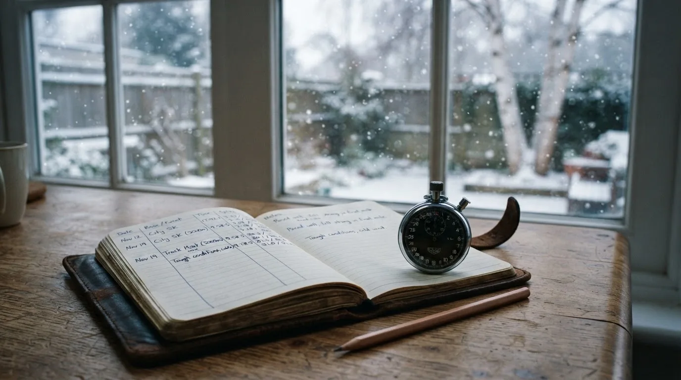 Ein Notizbuch mit handschriftlichen Zeiten liegt neben einer Stoppuhr auf einem Holztisch, draußen vor dem Fenster fällt Schnee.